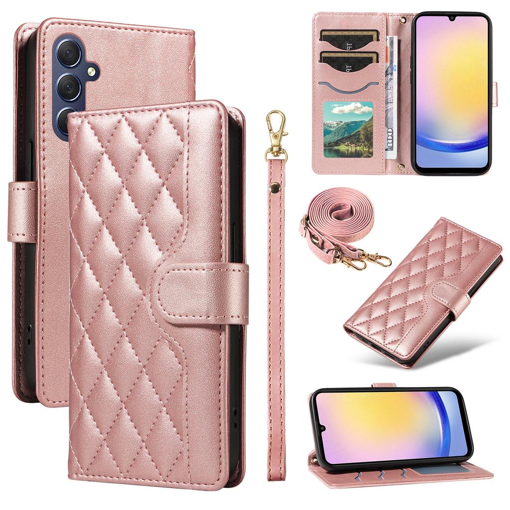 For Samsung Galaxy A25 5G (Global) (161.0 X 76.5 X 8.3mm) Case Wallet Rhombus Leather Phone Cover with Shoulder Strap,Wrist Strap