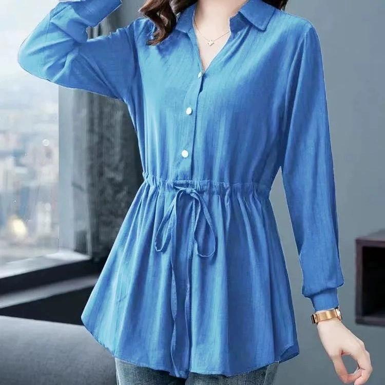 

Stylish Slimming Chiffon Blouse Women s Waist-Fitted Top Belly-Covering Slim Fit Shirt Spring 5XL