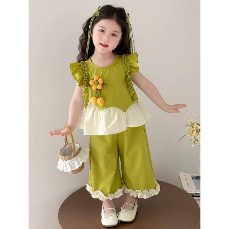 Girls Summer Cottagecore Outfit Flutter Sleeve Peplum Top Wide Leg Pants 2 Piece Set For Toddler Kids