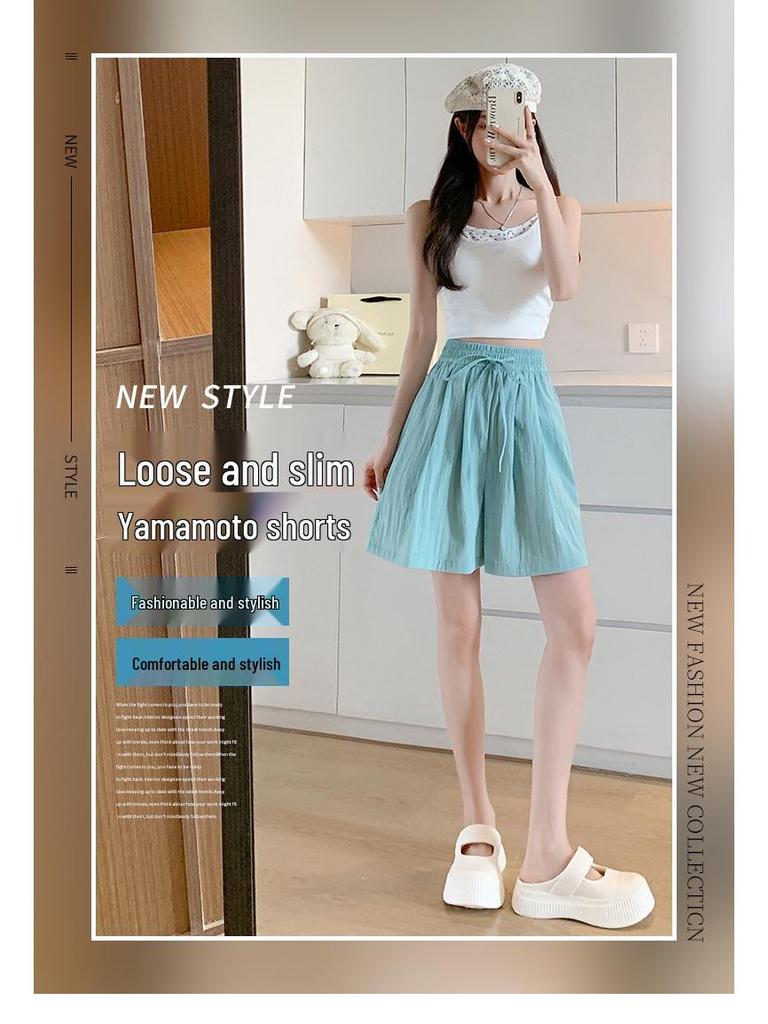 Women's High Waist Ice Silk Wide-Leg Shorts - Summer Casual, Slimming, Loose Fit, Mid-Length