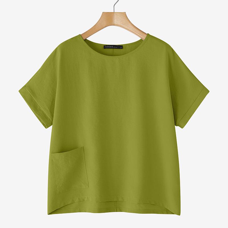 

ZANZEA Женская повседневная блузка с круглым вырезом, однотонная, летняя, с рукавом до локтя 2XL зелёный