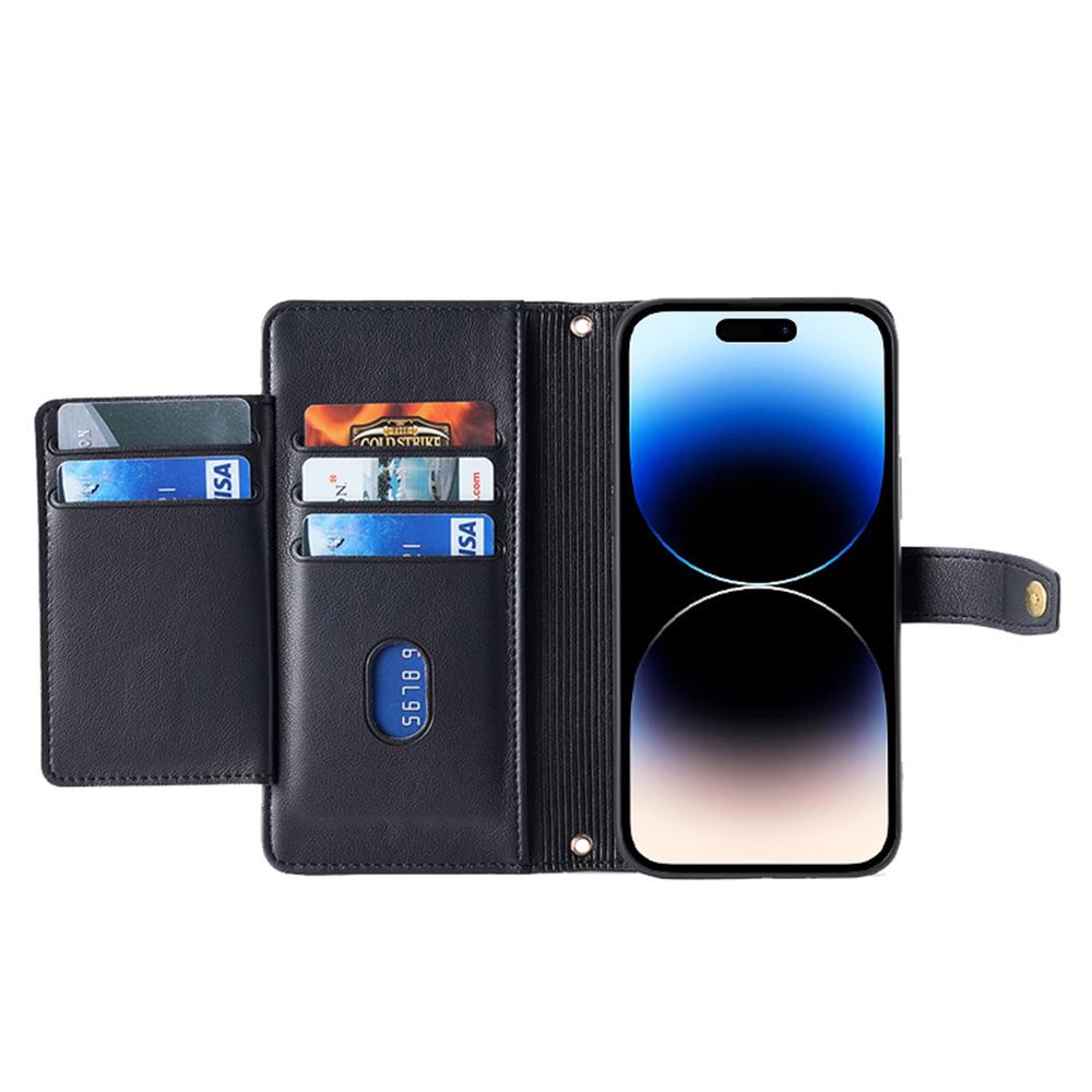 For iPhone 14 Pro Max PU Leather Stand Case Zipper Pocket Phone Cover with Wrist Strap and Shoulder Strap
