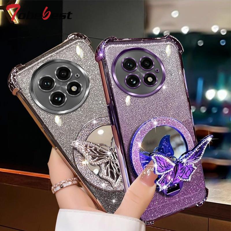 Glitter Butterfly Mirror Crystal Bracelet Case For Oneplus 13 13T 15 12 11 11R ACE 5 3 2 Pro Shockproof Plating Cover