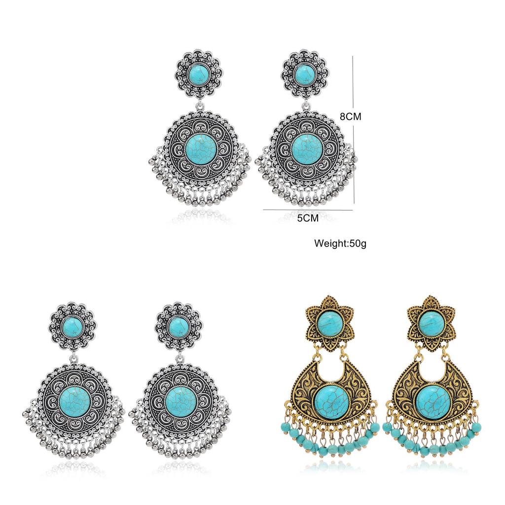 Vintage Silver Alloy Dangle Earrings With Turquoise Beads For Women Summer
