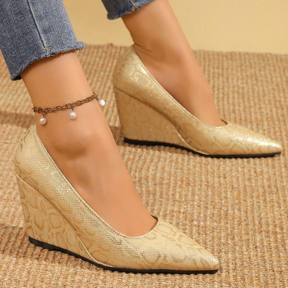 Fashion FHC 2025 New Office Lady Wedges Working Shoes,Women Pumps,High Heels,Pointed Toe,Slip On,French Style,Gold,Red,Pink,Dropship