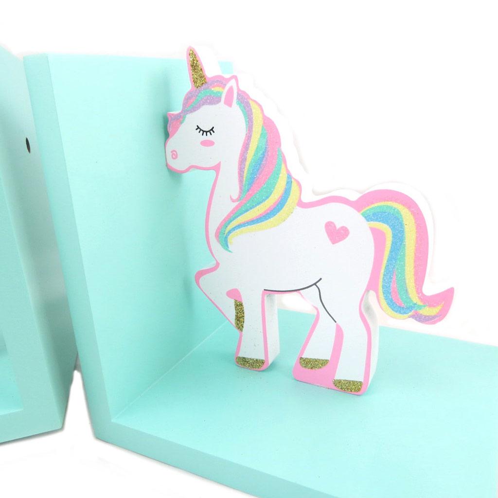 Les Trésors De Lily [P6246] - Wooden Bookends 'My Unicorn' White Pink Turquoise - 30.5x15x12 Cm