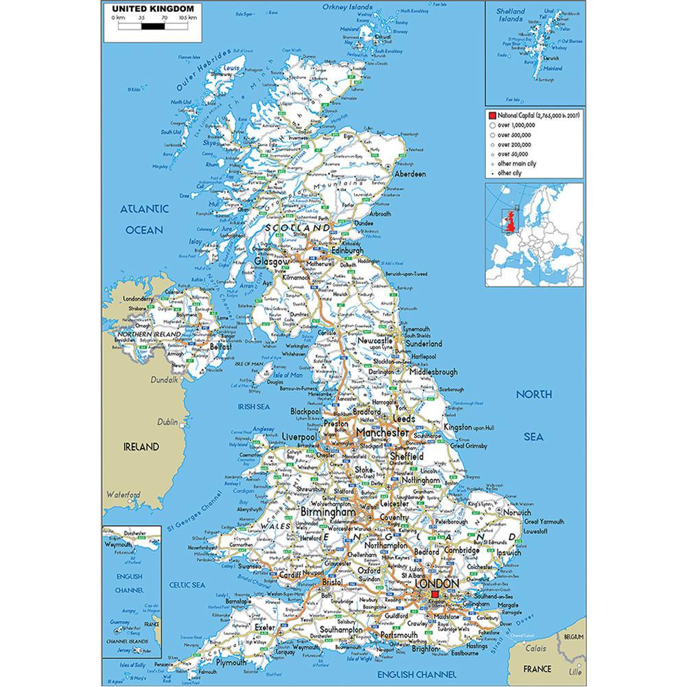 A0-84.1*118.9cm Dekorativní závěsný obraz Mapa Spojeného království Nástěnné umění Plakát Malba Bez rámu Dárek Cestovní nástroje