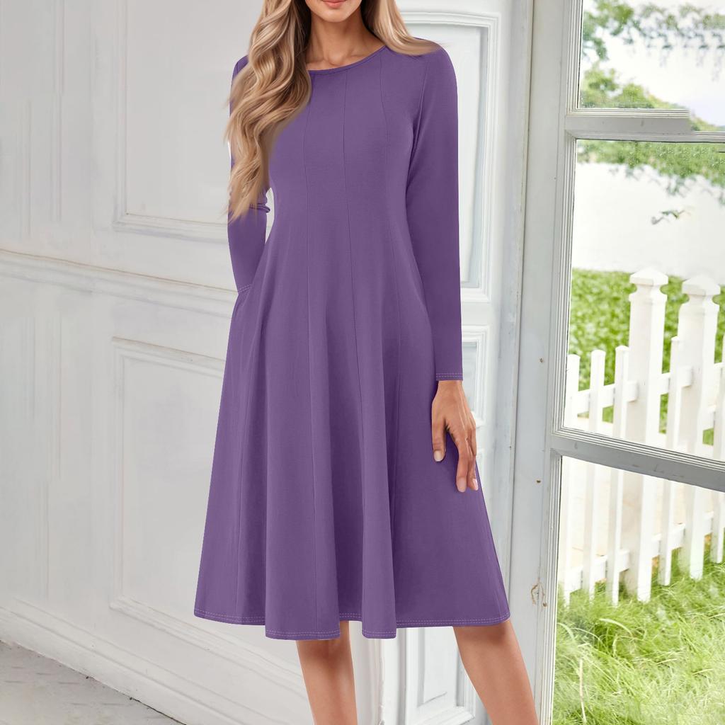 Damen Freizeitmode Rundhals Langarm Farbe Midi Kleid