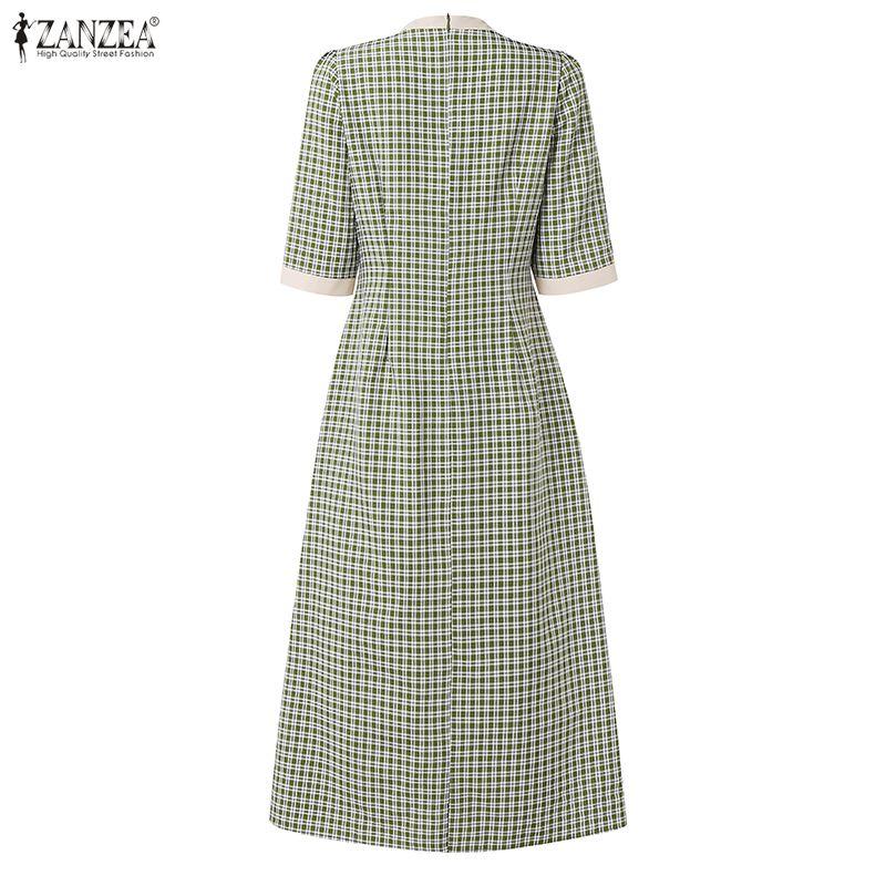 ZANZEA Rochie casual elegantă pentru femei, cu gât rotund, mânecă 3/4 și imprimeu în carouri