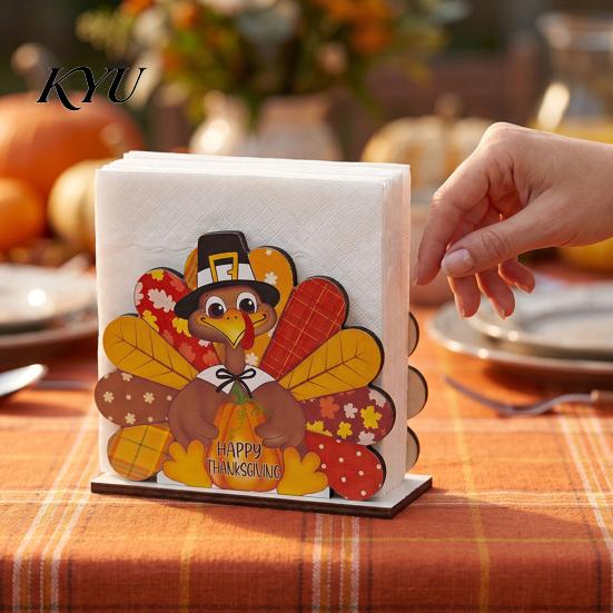 Rustic Thanksgiving Centerpiece Gnome Turkey Napkin Holder, Wooden Table Storage Rack, Shaped Tissue Organizer Autumn Holiday Tabletop Holder