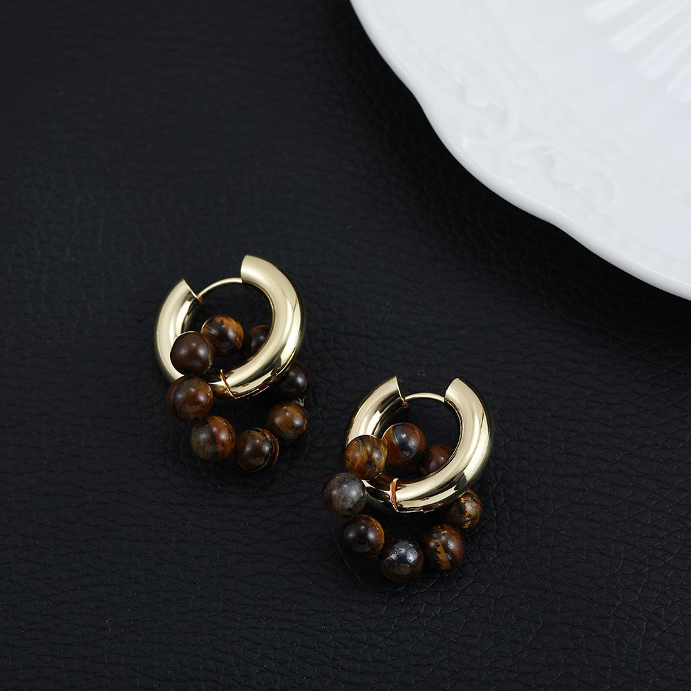 

New Handmade Natural Stone Beads Circle Earrings Stainless Steel Thick Hoops Huggies Earring Female Vintage Zircon Party Gift