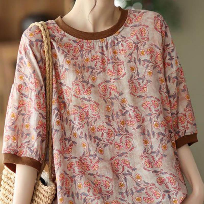 Cotton T-shirt Summer Women Retro Casual Short Sleeve Tops Printed Loose Round Neck Pullover T-Shirt Women