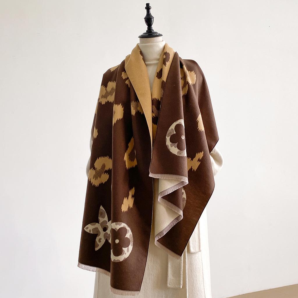 Women's Leopard Print Splicing Shape Fashionable Versatile Imitation Cashmere Warm Scarf Short Beard Fringed Shawl Women
