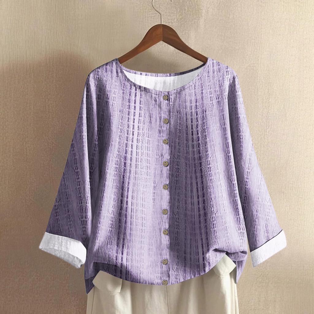 Women's Fashionable And Casual Shirt Long-sleeve Round Neck Print Cotton And Linen Blouse Top