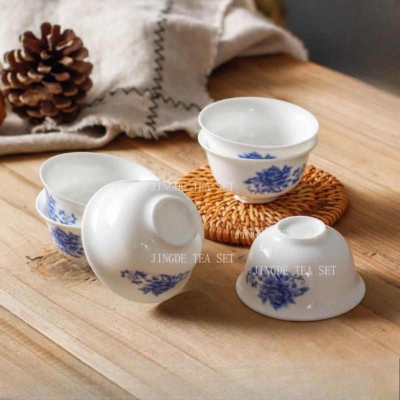 6pcs Ceramic Kung Fu Tea Cup Set Household Blue and White Porcelain Tea Cup Chinese Small Capacity Tea Cup Set Drinking Utensils