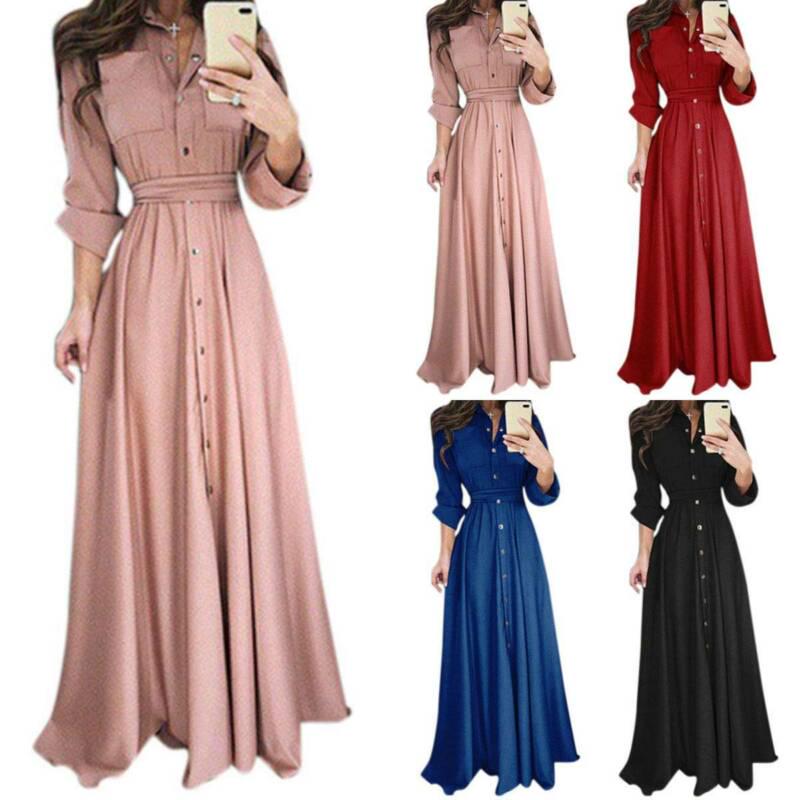 Womens Maxi Dress Long Sleeve Button Down Evening Party Cocktail Shirt Dresses