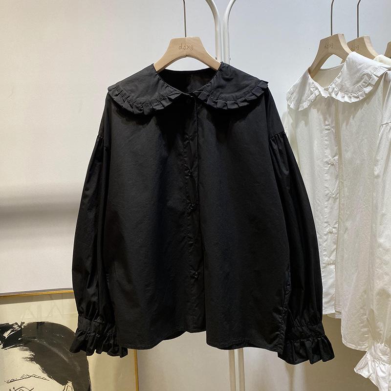 

Женская рубашка в готическом стиле в стиле Лолиты, весенняя дизайнерская рубашка, женская свободная рубашка с деревянными ушками и лацканами с рюшами и рукавами, милая кукольная рубашка One Size чёрный