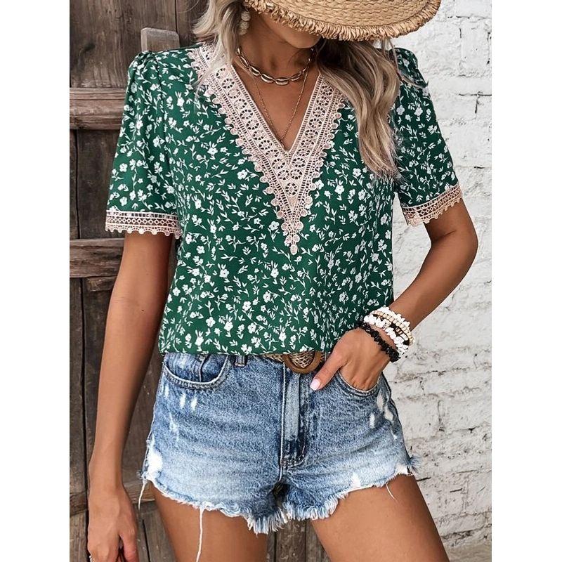 

Fashion Style Summer New Sweet Personality Crochet Patchwork V-neck Floral Print Short Sleeve Shirt Top Female Shirt Green 2XL