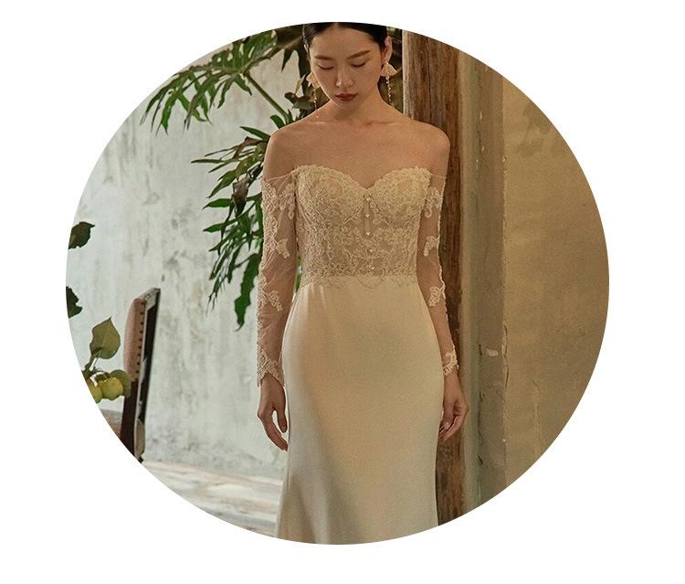 French Hepburn Style Wedding Dress New Bridal Mori Super Fairy Shoulder Welcome Dress Long Sleeve Fishtail Light Dress