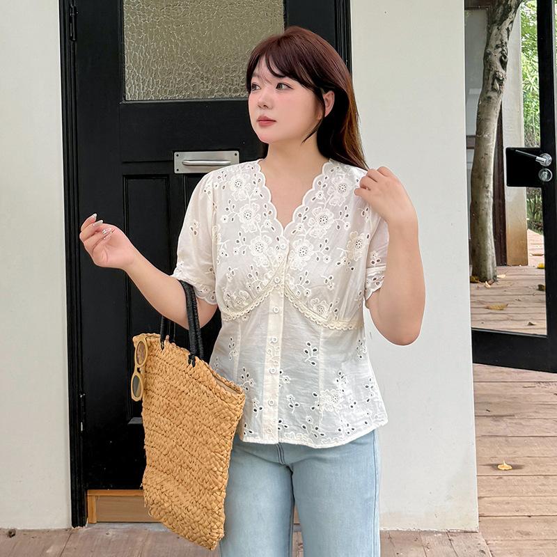 Korean Lace Embroidered Short-sleeved Shirt Women's Summer New Fat Mm French Waist Top 222447