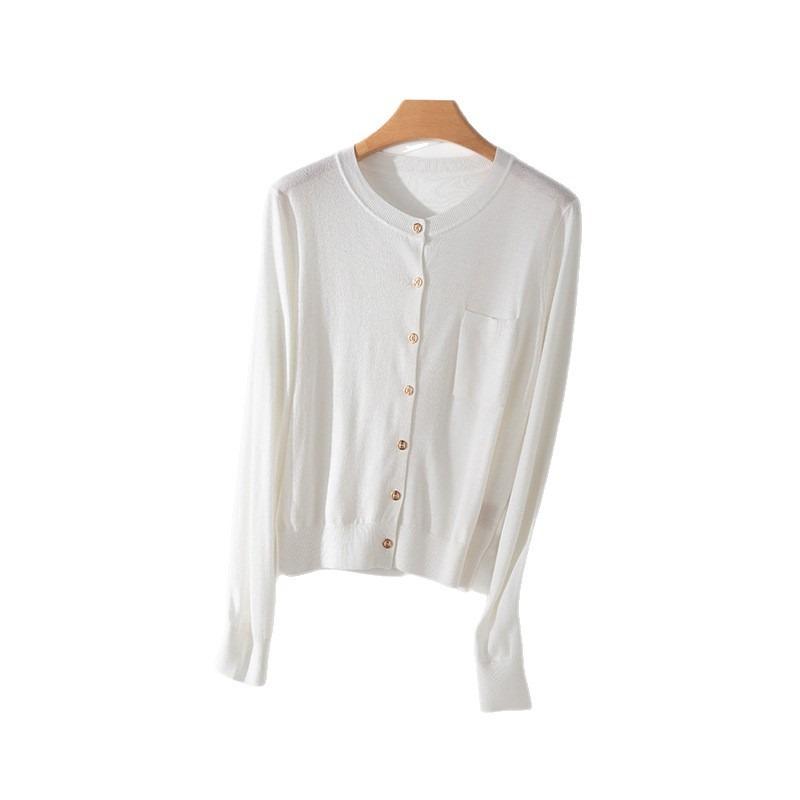 Ultra-fine merino cotton wool blended knitted cardigan women's round neck basic long-sleeved versatile loose and thin top
