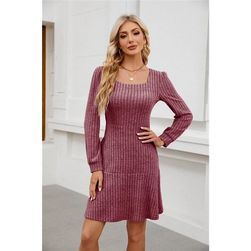 Women Square Neck Knit Dress Long Sleeve Pockets A‑Line Swing Ruffle Hem Casual Fall Short Knitted Midi Dress