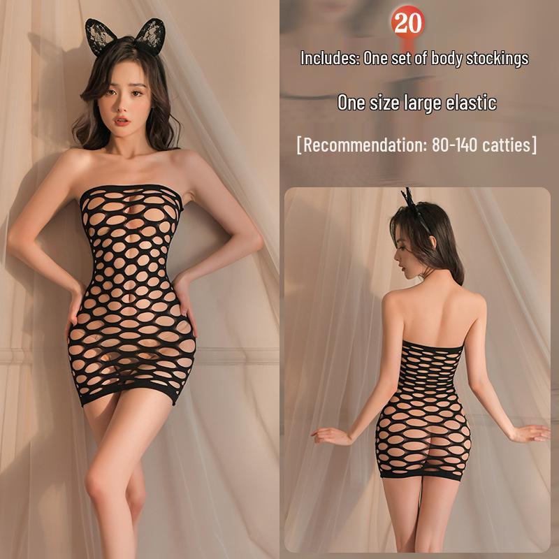 Intrigue Lingerie: Damen Verführung Set mit offenem Schritt und transparenten Netzstrümpfen