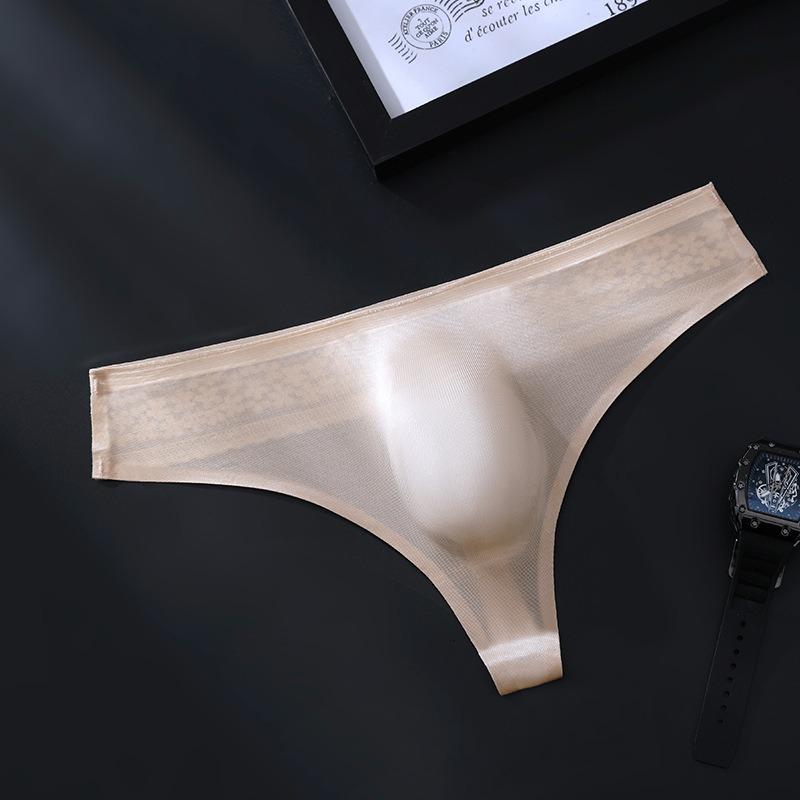 Men'S Ice Silk Seemless T-Back Thong Elastic 3D Convex Pouch G-String Underwear Women Soft Panties For Men Sissy Sheer Lingerie