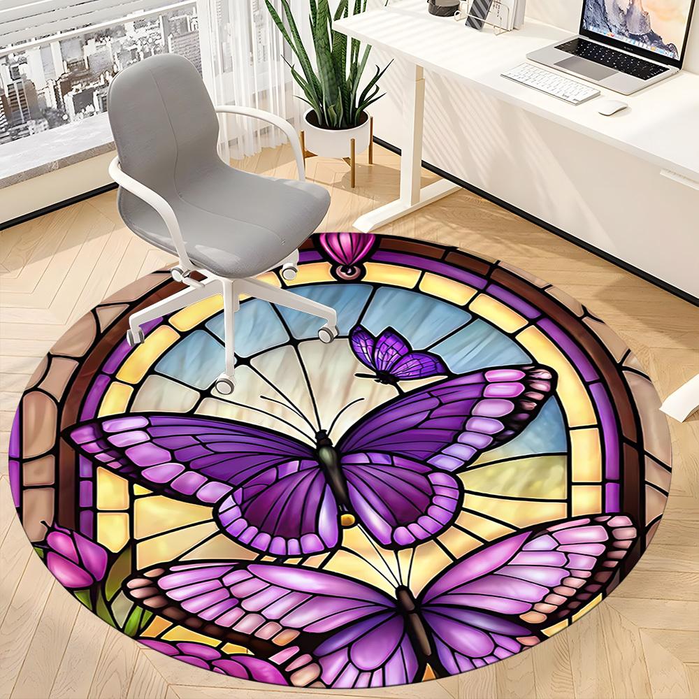 1pc Butterfly StainedGlass Office Round Area Rug,  Mat Suitable ForOffice, Under Office Chairs Bedroom Living Room Home Decor, Room Deco