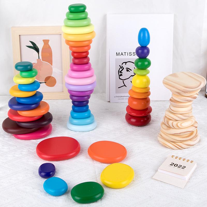Stacking Balance, Early Childhood Education Rainbow Stacked Stone Pebble Building Block Color Cognition Stacked Music Toys