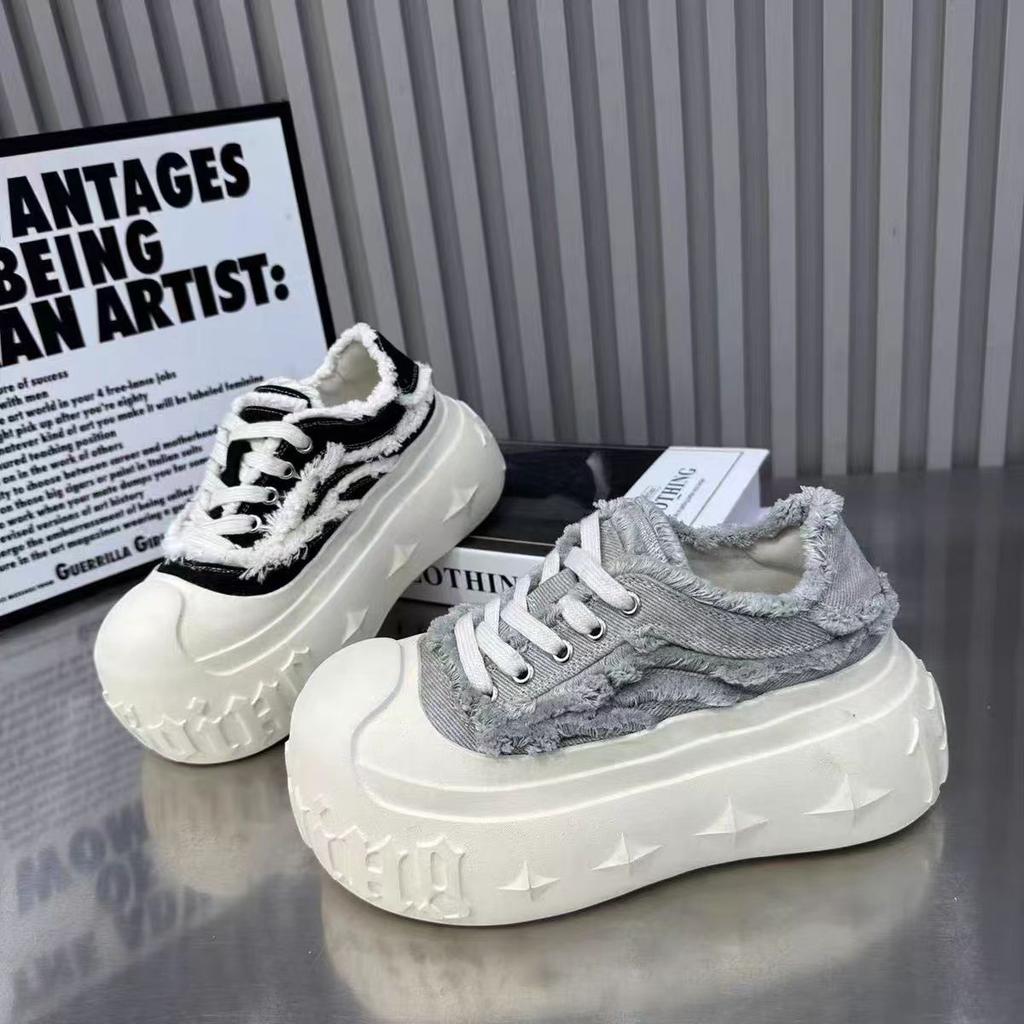 Thick-soled ultra-fire shoes women's shoes 2025 dissolving new denim ins lace-up casual shoes board shoes muffin summer