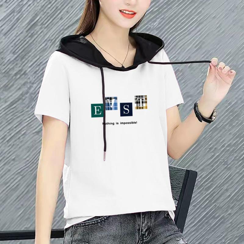 Korean-Style Plus Size Hooded Short-Sleeve T-Shirt - 2025 Summer Fashion Women's Casual Sports Top