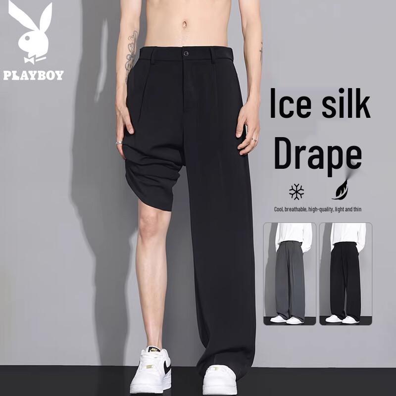 PLAYBOY Men s Summer Ice Silk Loose Straight Leg Casual Trousers 2XL