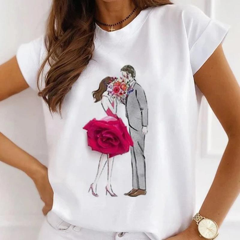 Módní kreativní 3D Rose Flower Grafika Dámské Tričko Letní halenka 90S Volný Trička s krátkým rukávem Bílý výstřih do O Dámské topy Oblečení