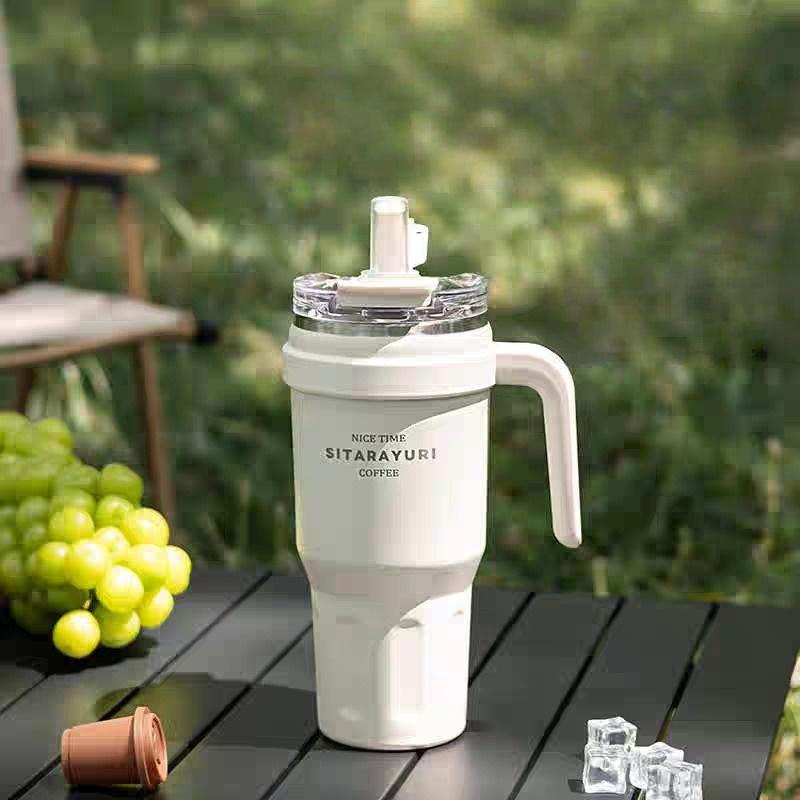 JUSTINLAU 1.1L Thermos Cup Stainless Steel Vacuum Flasks with Dust-proof Straw Cap Double-drink Car Cups Leak-proof Travel Mugs