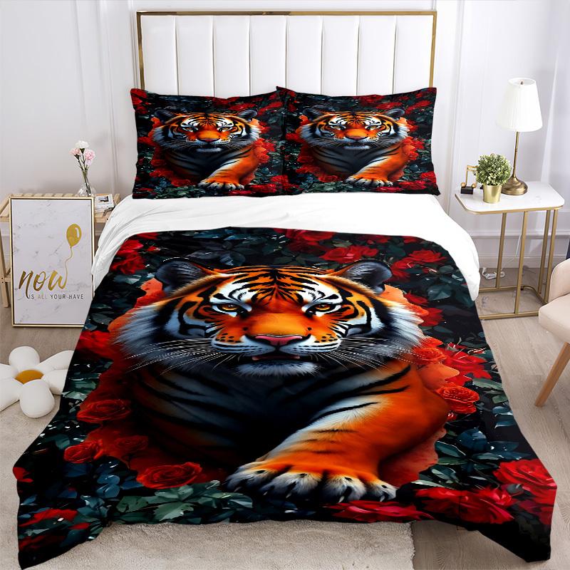 3pcs Tiger Roses Print Duvet Cover Set, Soft Comfortable Duvet Cover,Guest Room (1*Duvet Cover + 2*Pillowcase, Without Core) Yy251104120