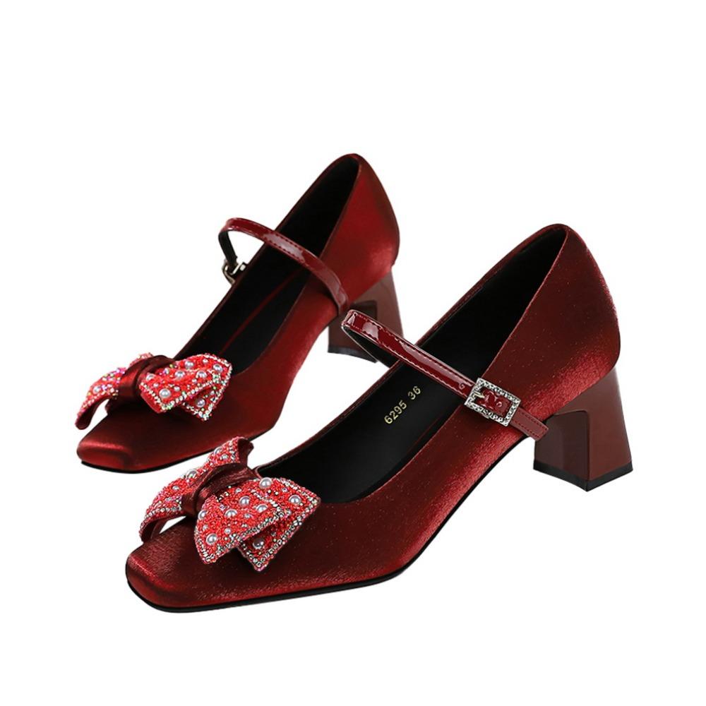 Thick Heel Medium Heel Single Shoes Women's Rhinestone Bow Versatile Satin One-word Buckle Strap Square Head Mary Jane Shoes