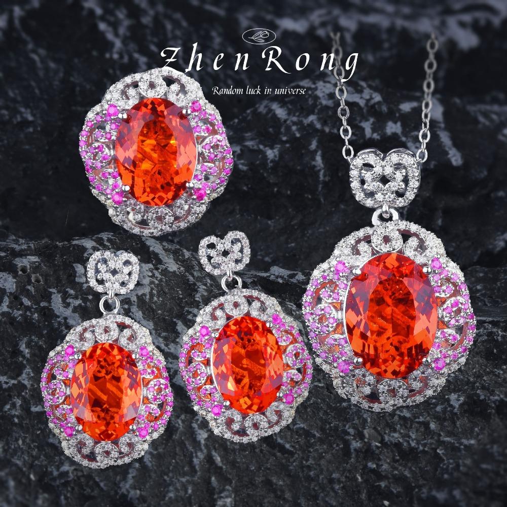 

Women Jewelry Set Luxury Fanta Color Pigeon Egg Necklace Red Corundum Ring Gemstone Earrings Fashion Accessories