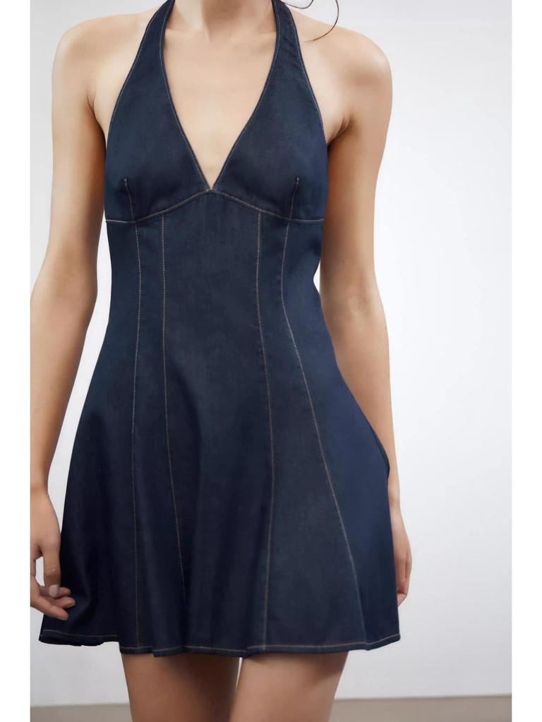 European & American Style Sexy Deep V-Neck Halter Denim Dress - Slim Fit Short Skirt for Women