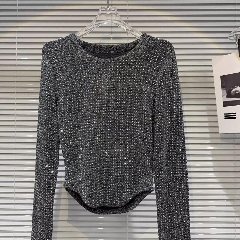 Autumn Winter Street Style Diamons Shiny Tee Women Long Sleeve All-match Bottomed T-shirt Female Pullover Top