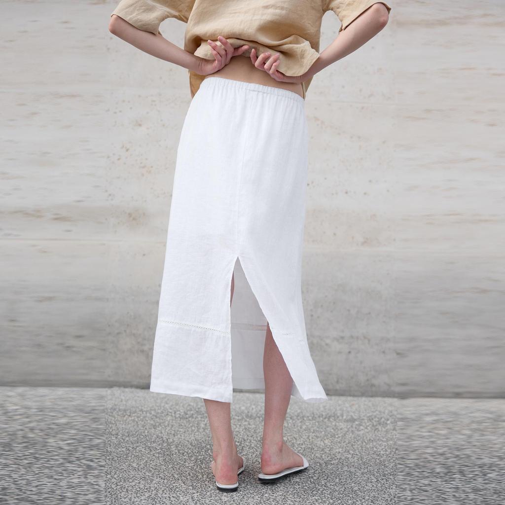 Vintage A-Linien Patchwork Midi-Rock aus reinem Leinen mit elastischem Bund und Schlitz hinten