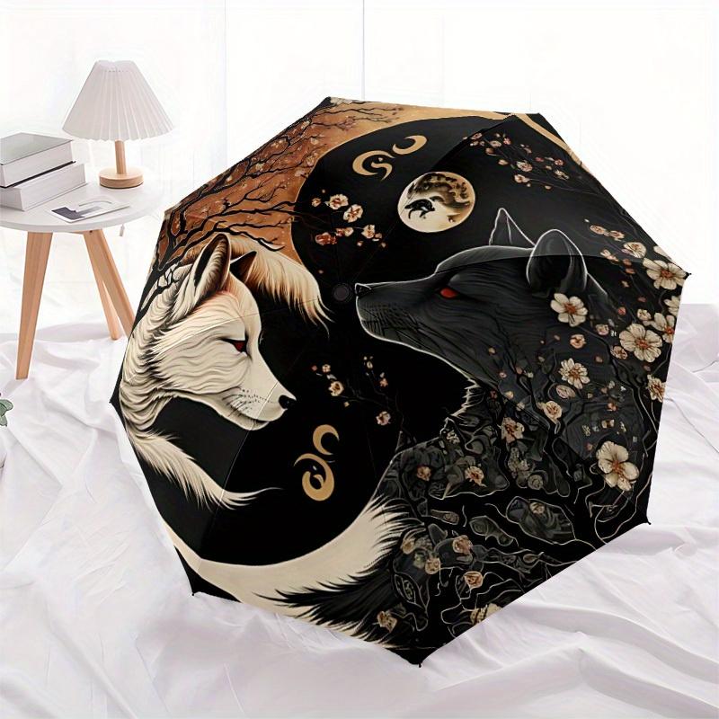 1pc Wolf Moon Compact Travel Umbrella, Automatic Folding Lightweight Windproof 8-Bone Reinforced Design, Portable for Backpack Durable Canop