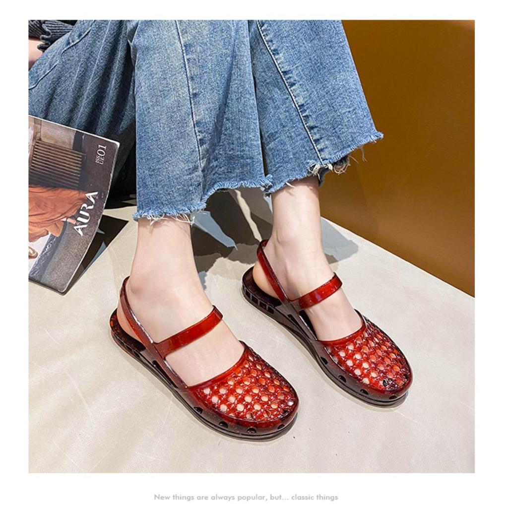 Gemstone Sparkling Jelly Mary Jane Shoes, Transparent Woven Hollow Flat Shoes, Waterproof and Non Slip, Cute Beach Pool Vacation Cooldown