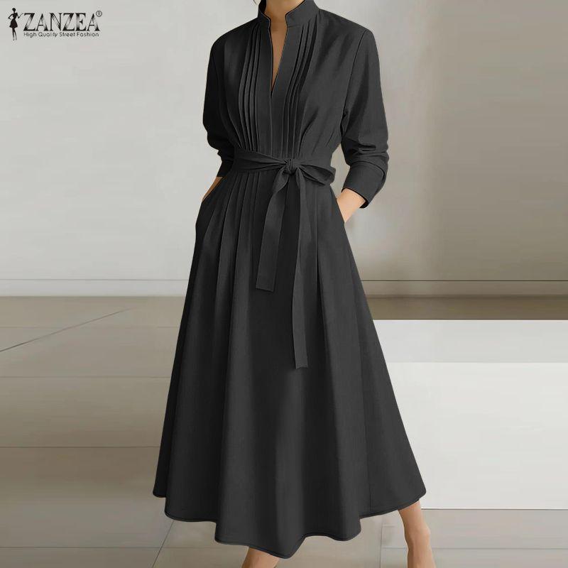 ZANZEA Women Casual Stand Collar Loose Long Sleeve Shirt Dress