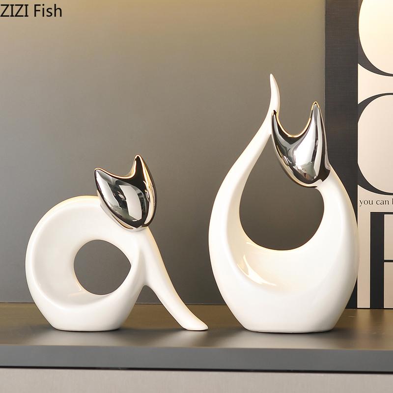 Sztuka Abstrakcyjna Ceramiczny Posążek Kotka Białe Ozdoby Zwierzęce Dekoracja Biurka Porcelanowa Rzeźba Kota Estetyka Wystroju Pomieszczenia