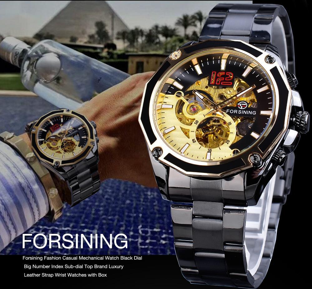 Luxuriöse mechanische Armbanduhren, goldenes Skelett-Zifferblatt, Edelstahlstreifen, automatische Uhren für Männer, transparente Uhr