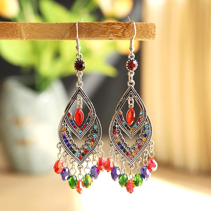 Vintage Chinese Style Crystal Bead Tassel Earrings for Women Long Elegant Hollow Rhinestone Dangle Silver Color Earring Jewelry