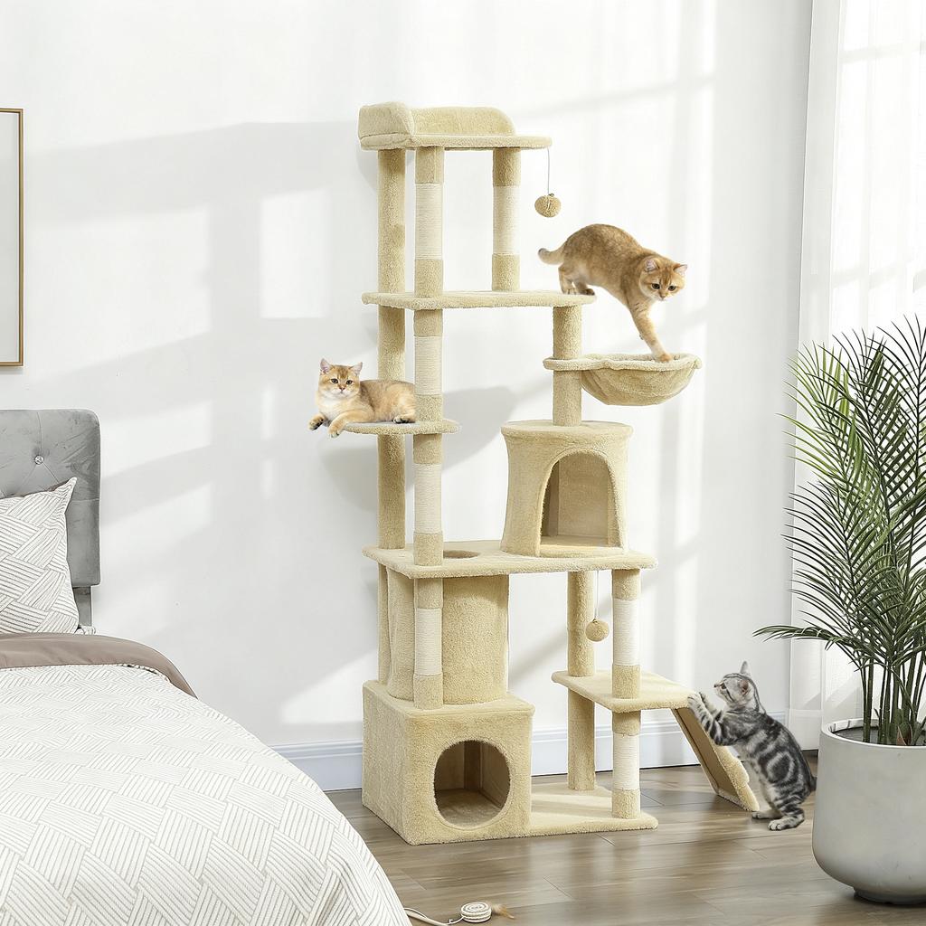 170 Cm Large Cat Tree Cat Tower With 7 Scratching Posts Tunnel 2 Condos Hammock Perch Ramp Pompoms Beige