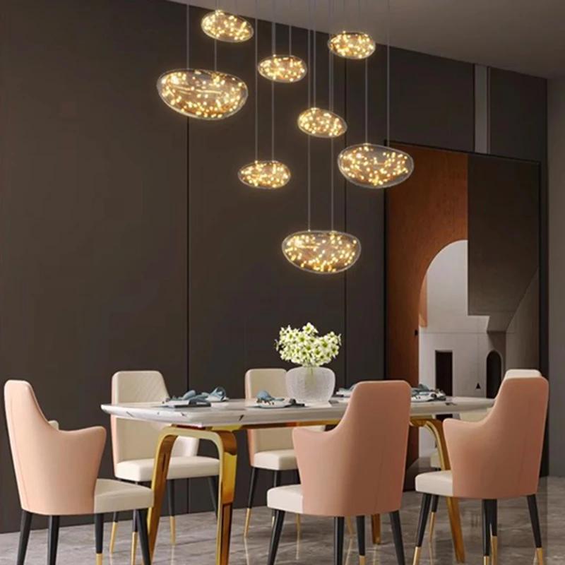Modern Minimalist Staircase Long Chandelier Glass Full Sky Star Restaurant Chandelier Living Room Lighting Fixture LED Light