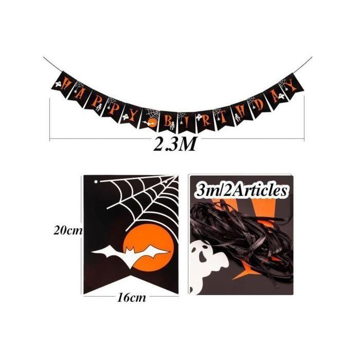 Autocollants et bannière Halloween - AIMOONSA - 60 pièces - Chauves-souris 3D - Bannière papier 20x16 cm - Rubans 2x3 m